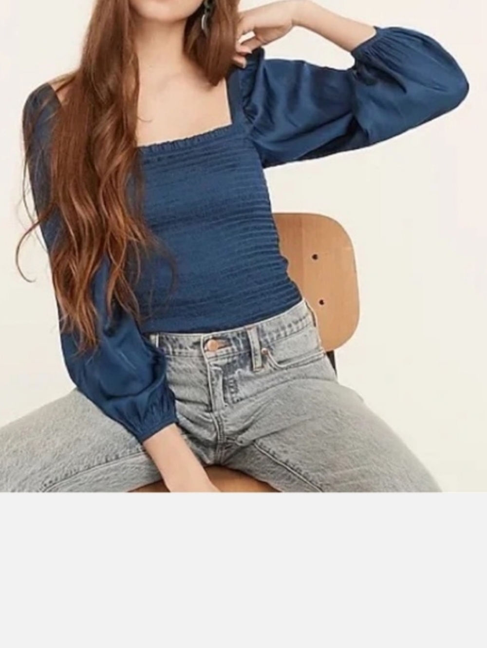 J. Crew Squareneck Smocked Featherweight Satin Top blue Size S Like New